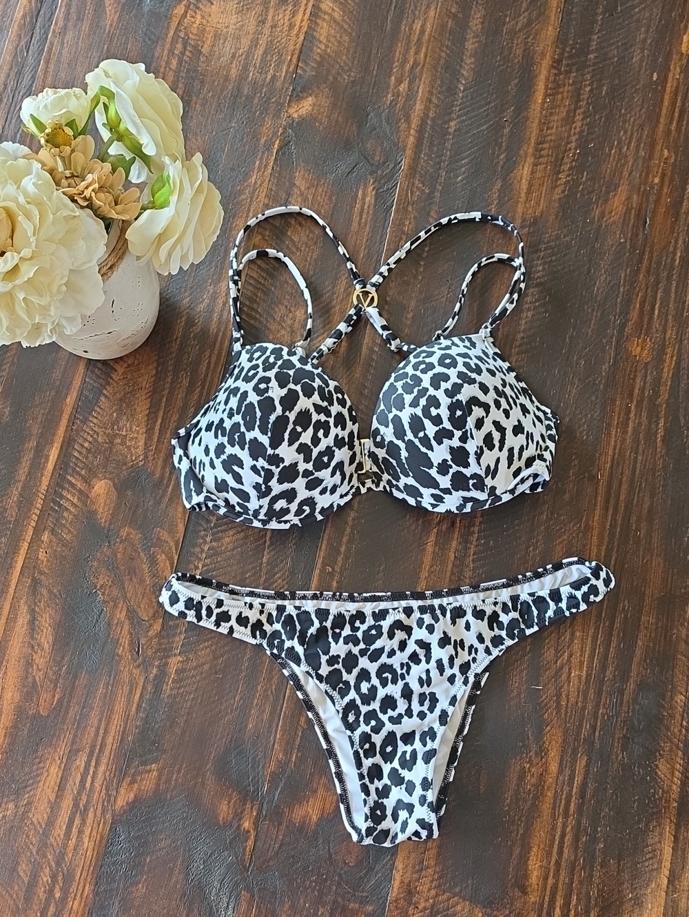 Victoria's Secret Black and White Leopard Print Bra & Bikini Set